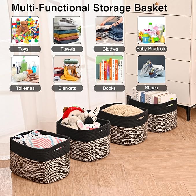 Storage Baskets for Shelves Organizing, Woven Cotton Rope Baskets for Storage, Book Basket, Decorative Shelf Basket, 12.5"Lx9.1''Wx7.9''H (4 Packs) Black & Jute