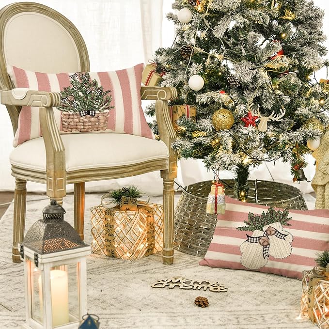 AVOIN colorlife Pink Christmas Snowman Reindeer Gloves Eucalyptus Throw Pillow Covers, 12 x 20 Inch Winter Holiday Stripes Cushion Case Decoration for Sofa Couch Set of 4