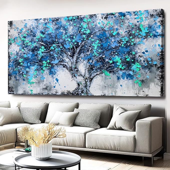 Tree Wall Art Teal Blue Nature Tree of Life Abstract Canvas Painting Textured Picture, Modern Landscape Artwork Framed for Living Room Bedroom Bathroom Office Home Decor 58x28in