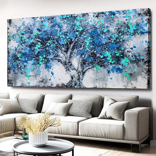 Tree Wall Art Teal Blue Nature Tree of Life Abstract Canvas Painting Textured Picture, Modern Landscape Artwork Framed for Living Room Bedroom Bathroom Office Home Decor 40x20in