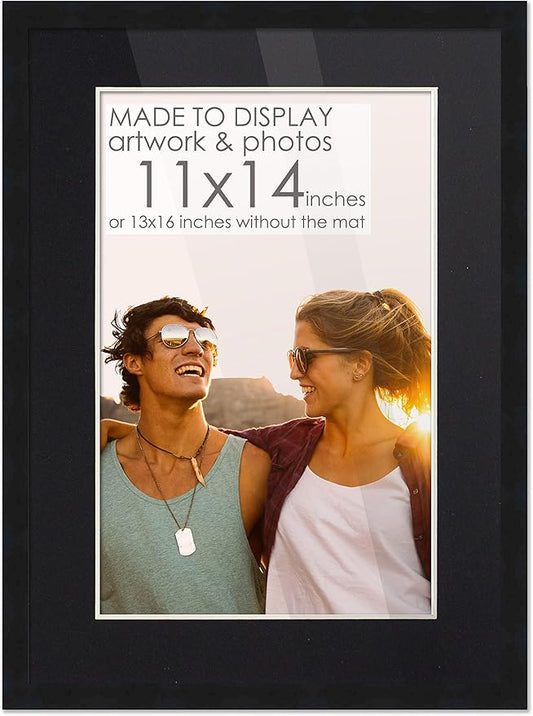 11x14 Black Wood Picture Frame with Black Mat | 13x16 Frame Matted to 11x14 | Display Your Artwork Under UV Acrylic Shatter Guard Front, with Foam Board Backing and Wall Hanging Hardware