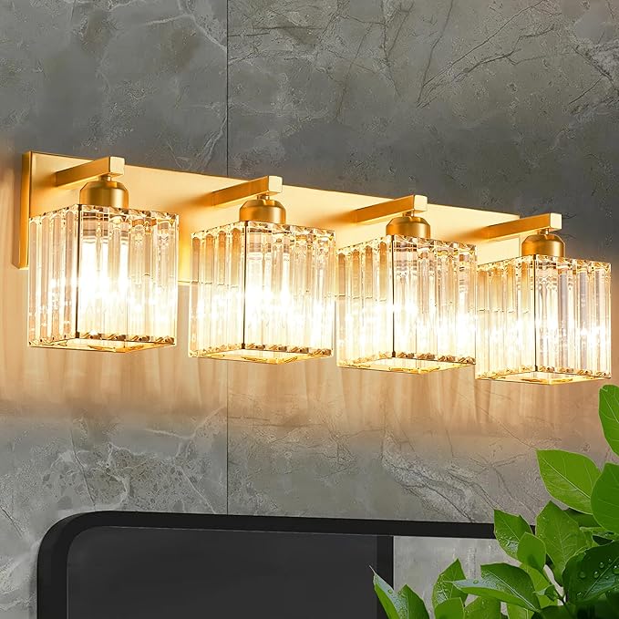Bathroom Vanity Light Fixtures Over Mirror - Makeup Lighting Pure Gold - for Modern Wall, Bath, Desk, Farmhouse, Hallway 4 Crystal Lights