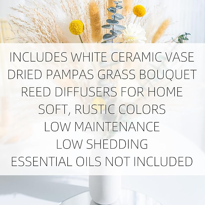 Dried Flowers kit Reed Diffuser for Home Decor (White Ceramic Vase Included) Boho Decor , Eucalyptus Pampas Grass Bunny Tail Arrangements,Table Room Decor Wedding Party Birthday