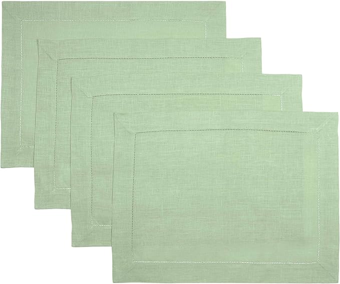 D'Moksha Homes Sage Green Linen Cloth Placemats Set of 4-100% Pure Linen Hemstitch Placemats 14 x 19 Inch - Classic Hemstitch Table Place Mats for Fall, Halloween - Handcrafted and Machine Washable