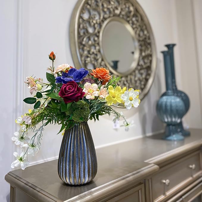 Artificial Faux Flowers in Vase, Silk Flower Arrangement Artificial Floral Centerpiece, Table Centerpieces for Dining Room Home Decor Valentine's Day Gift (Spring)