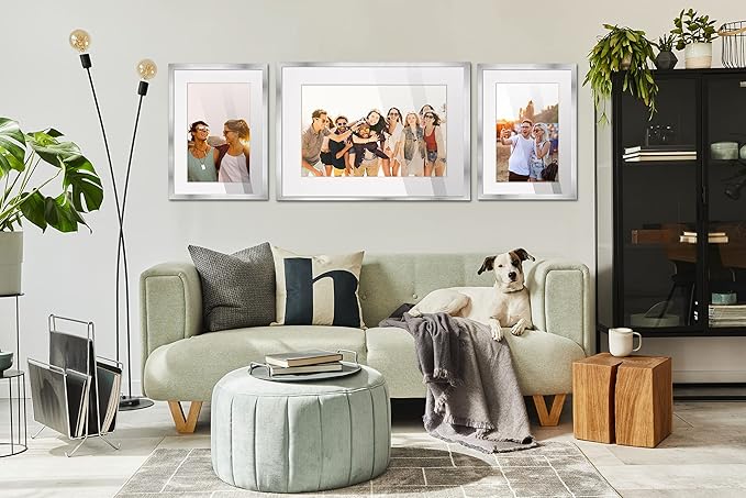 10x15 Frame Silver Wood with White Mat | 12x17 Frame Matted to 10x15 | Display Your Picture Under UV Acrylic Shatter Guard Front, with Foam Board Backing and Wall Hanging Hardware - Solid Pine Frame