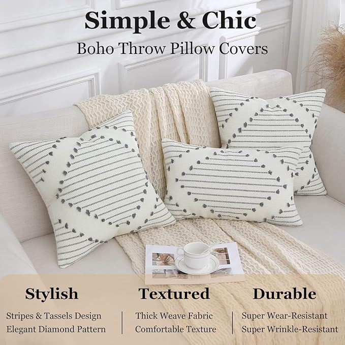 Mecatny Boho Outdoor Throw Pillow Covers 20X20 Set of 2, Farmhouse Decorative Pillow Covers for Couch Sofa Living Room, Grey & Cream White