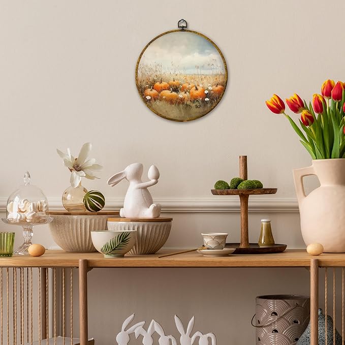 Mcehtle Vintage Fall Pumpkin Wall Art Decor, Rustic Autumn Wildflower Field Landscape Framed Canvas Prints 10x10, Countr Farmhouse Round Wall Hanging Artwork Decorations for Bedroom Living Room Home