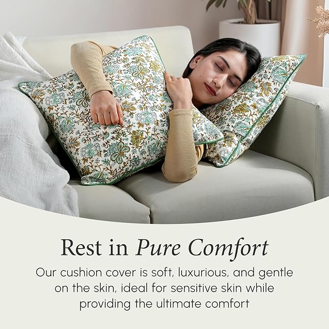 CPC 100% Cotton Throw Pillow Covers 18x18 Inch, Set of 2 Blue Block Print Pattern Couch Pillow, Cute Boho Decorative Pillows for Living Room, Bedroom with Hidden Zipper- Blue Topaz