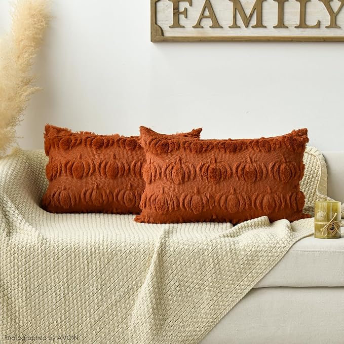AVOIN colorlife Fall Pumpkin Caramel Throw Pillow Covers, 12 x 20 Inch Seasonal Autumn Thanksgiving Harvest Decoration Soft Plush Faux Fur Jacquard Cushion Case Decoration for Sofa Couch Set of 2