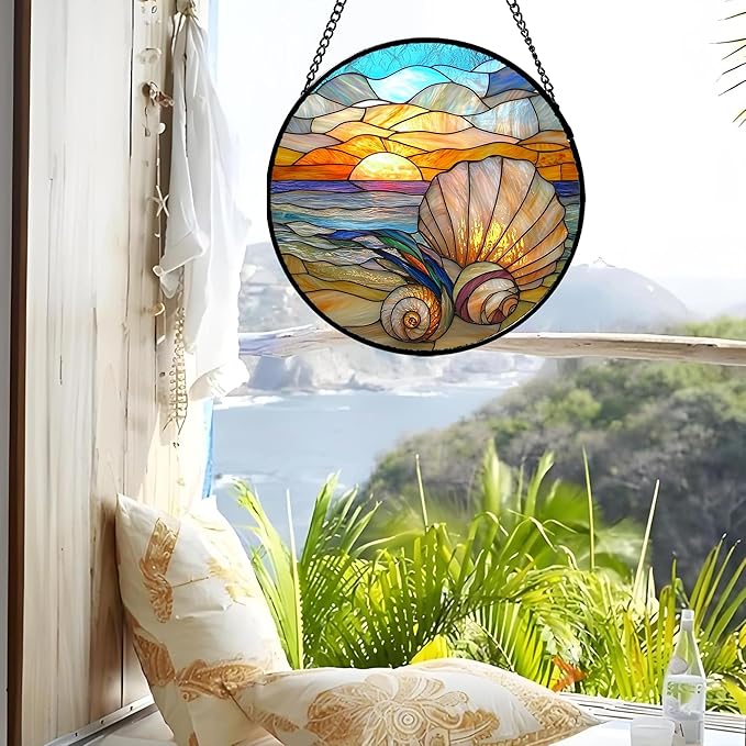 Stained Glass Window Hanging - Colorful Beach Shells Conch Sun Catcher for Door Home Decor Ocean Suncatcher Christmas Mother's Day Birthday Sea Lover Gifts for Women Men Mom Nana 15 in