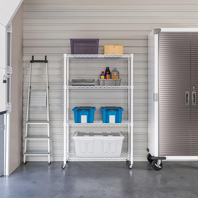 Seville Classics Solid Steel Wire Shelving Storage Unit Adjustable Shelves Organizer Rack, for Home, Kitchen, Office, Garage, Bedroom, Closet, White, 4-Tier, 36" W x 14" D