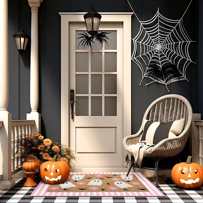 2 Pcs Halloween Door Mat Ghost Welcome Non Slip Coir Mats Pink Flower Cute Bat Stripe Floor Layering Doormats Seasonal for Front Porch Entryway Decor(Flower Ghost)