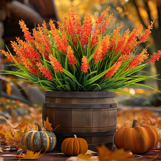 Artificial Fall Flowers for Outdoor Plants 12 Bundles Fake Lavender Plastic Faux Monkey Grass for Verandah Window Garden Office Patio Front Porch UV Resistant for Planter(Orange)