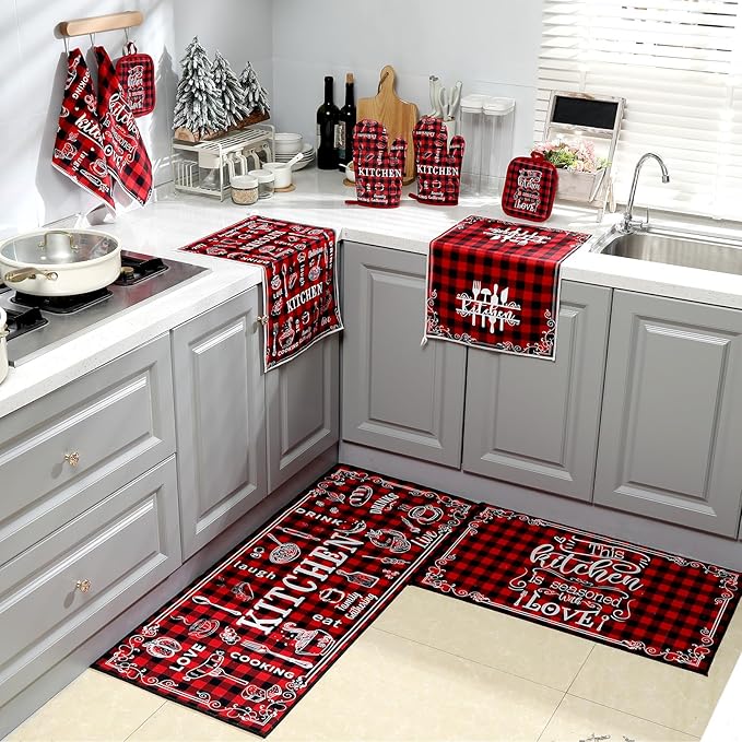 10 Pcs Farmhouse Kitchen Set, Kitchen Towels and Dishcloths Rugs Mats for Floor Oven Mitts and Pot Holders Sets Rustic Hand Towels for Home Decorations Gifts (Red and Black,Retro)