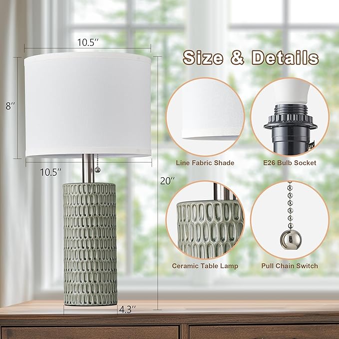 Table Lamps for Living Room Set of 2, Ceramic Table Lamps for Bedroom, 20" Modern Lamps for Night Stands, Green
