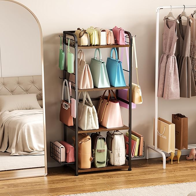 4-Tier Purse Organizer for Closet with 3 Side Hooks and 2 Baskets, High Capacity Purse Rack Stand for Purse Storage, Metal & Wood Handbag Holder for Handbag Organizer, Patent Pending