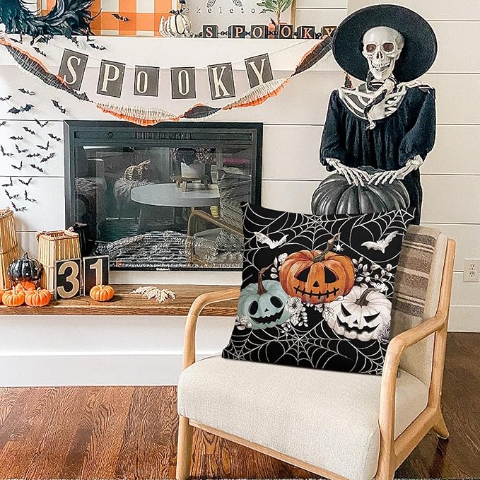 Baccessor Halloween Pillow Cover 18x18 Inch, Black Pumpkins Bats Spider Web Pillow Case Halloween Decor for Cushion Sofa Couch Indoor Outdoor Decoration 1 Piece