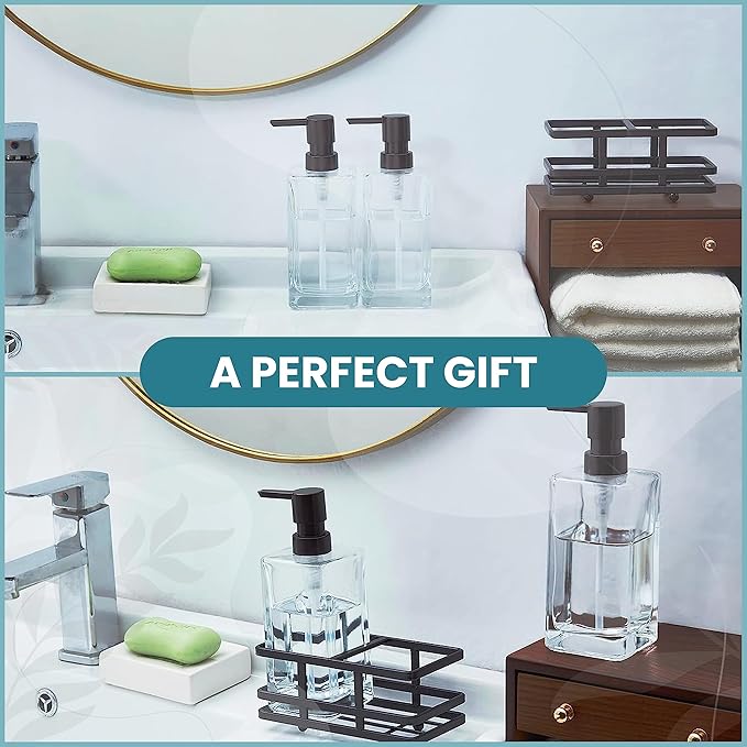 Square Glass Clear Lotion and Soap Pump Dispenser Set with Metal Stand Caddy for Bathroom Bath Kitchen Home Office Travel Hotel Hand Crafted Heavy Weight Oil Rubbed Bronze