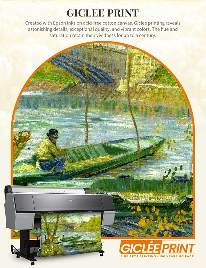 DECORARTS - Fishermen And Boats From The Pont De Clichy - Vincent Van Gogh Giclee Prints w/Antique Brown Frame for Wall Decor. Picture Size: 20x16, Total Size w/Frame: 23x19