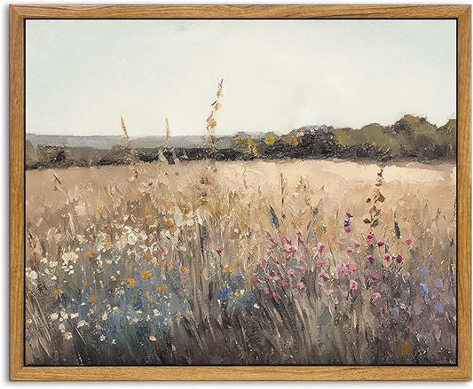 KBKBART Framed Vintage Wall Art Prints, Retro European Country Autumn Wildflower Field Landscape Canvas Painting Farmhouse Decor, Rustic Antique Framed Canvas Wall Art for Bathroom, Bedroom, Living