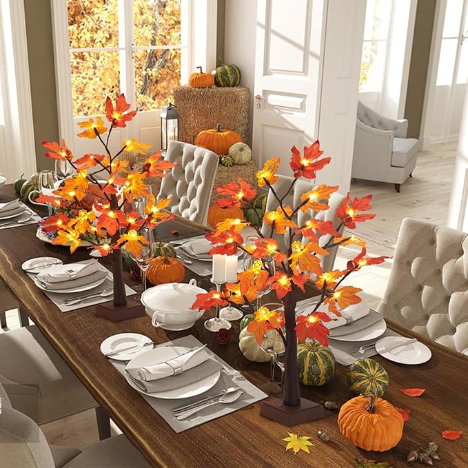 Fall Decor 2 Pack 24 Inch Maple Tree Lights - 48 LED Autumn Decorations with Pumpkins & Acorns, Timer, USB & Battery Powered - Thanksgiving Decorations for Home Table Indoor Fireplace