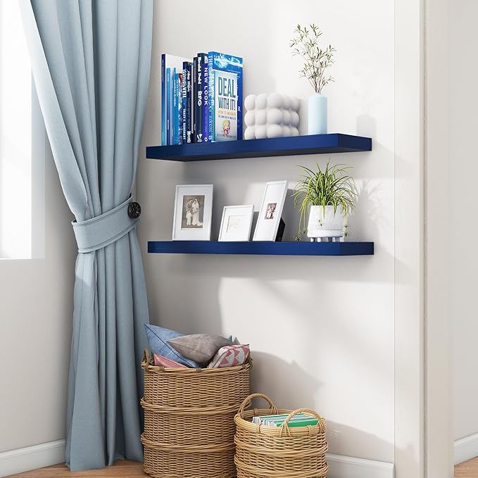 30 Inch Floating Shelves, Dark Blue Floating Shelves for Wall Set of 2, 30'' Long Wooden Wall Shelves for Living Room Bedroom Kids' Room Boys' Room - Dark Blue