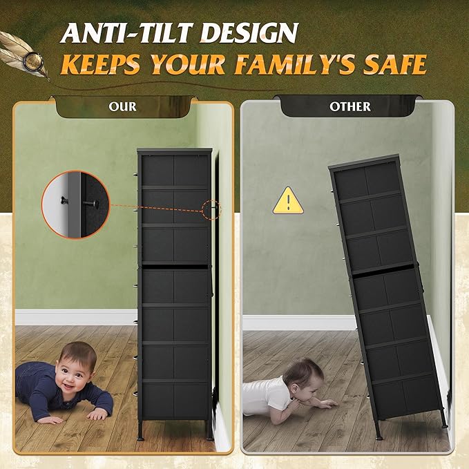 WLIVE Black Tall Dresser for Bedroom, 7 Drawer Dressers & Chests of Drawers, Fabric Dresser for Closet, Living Room, Night Stand with Metal Frame, Storage Tower with Fabric Bins, Wood Top