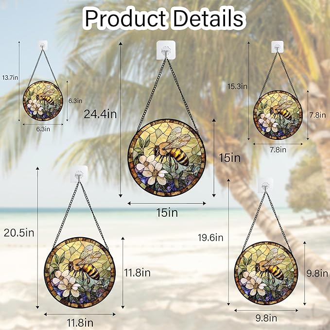 Stained Glass Window Hanging, Vintage Bee Yellow Flower Sun Catcher for Window Door Home Decor Suncatcher Christmas Mother's Day Birthday Gifts for Women Men Mom and Nana 11.8 in