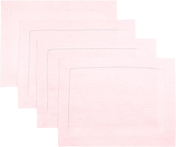 D'Moksha Homes Linen Placemats Set of 4 - Classic Hemstitch Pastel Pink Placemats 14 x 19 Inch - 100% Pure Linen Table Mats for Fall, Autumn and Halloween - Handcrafted and Machine Washable