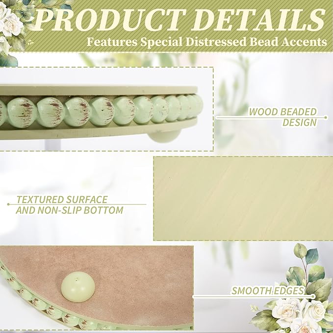 HPC Decor 12in Round Mint Green Wood Beaded Tray - Decorative Living Room, Coffee Table, Kitchen Table, Dining Room or Farmhouse Serving Tray