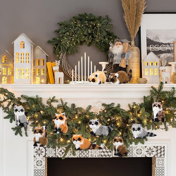 Skylety 10 Pieces Forest Animals Ornaments Woodland Animal Faux Fur Plush Hanging Ornaments Family Educational Playset for Fall, Christmas, Winter Birthday Party Supplies(Raccoon)