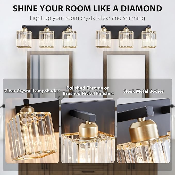 Black Gold 3-Crystal Bathroom Vanity Lights Bundle (Round + Square) - Over Mirror Makeup Lighting for Modern, Farmhouse Baths, Desks & Hallways
