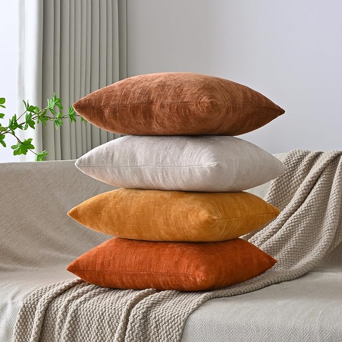 Set of 4 Soft Textured Decorative Throw Pillow Covers 18x18 Inch Cozy Farmhouse Cushion Cover Square Accent Pillow Cases for Bed Couch Sofa Living Room, Burnt Orange
