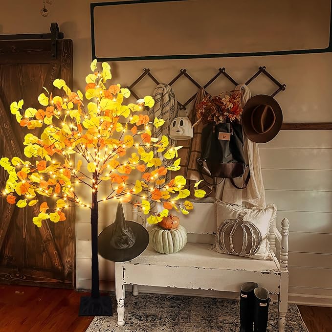4 FT Prelit Fall Lighted Ginkgo Tree with 140 LEDs Timer Fall Tree with Lights & 8 Flashing Modes Autumn Decoration for Home Wedding Indoor Outdoor Thanksgiving Halloween Christmas Decor