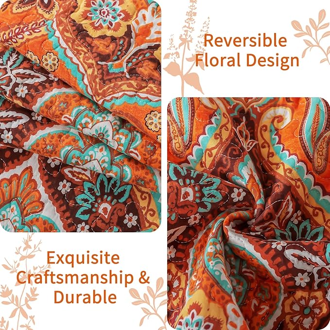 VAPUTAR Cotton Quilt King Size, King Size Quilt Bedding Set with Bohemian Damask Pattern-3Pieces Lightweight Reversible Soft Bedspread Coverlet (98 * 106 in) Suitable for All Season (Light Orange)