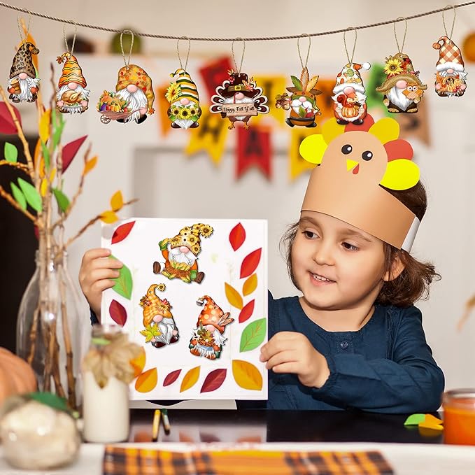 Fall Thanksgiving Gnomes Wooden Hanging Ornaments, Autumn Wood Hanging Pendant Decoration for Fall Tree Wooden Tags Slices Cutouts for Classroom Home Decor Holiday Party Supplies