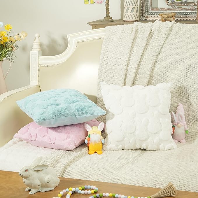 GEEORY Easter Bunny Soft Plush Pillow Covers, 18 x 18 Inch Set of 2, Fluffy Faux Fur Wool Decorative Farmhouse Cushion Case for Sofa Home Decoration Blue GC014-18
