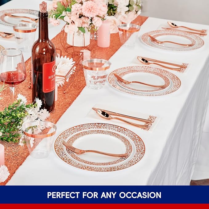 ๐ฎ๐ญ๐ฌ Count Rose Gold Plastic Dinnerware Disposable Plates 30 Dinner & 30 Dessert Plates & 30 Cups & 30 Rose Gold Paper Napkins & 30 Plastic Silverware Set