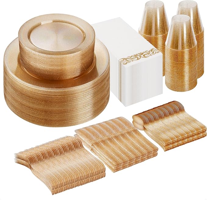 Goodluck 350 Piece Dinnerware Set for 50 Guests, Plastic Plates Disposable for Party, Include: 100 Gold Glitter Plastic Plates, 50 Paper Napkins, 50 Cups, 50 Gold Glitter Plastic Silverware Set
