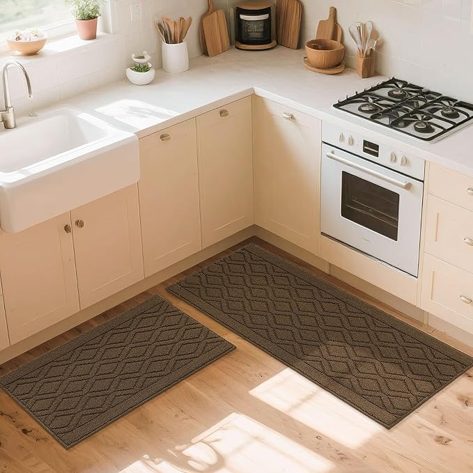 COSY HOMEER 48x20 Inch/30X20 Inch Kitchen Rug Mats Made of 100% Polypropylene 2 Pieces Soft Kitchen Mat Specialized in Anti Slippery and Machine Washable,Brown
