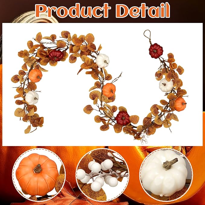 Zeyune 1 Pcs 6ft Long Fall Artificial Garland with Pumpkin Autumn Mixed Eucalyptus Garland Farmhouse Hanging Rustic Fall Wreath Decor for Front Door Kitchen Fireplace Home Indoor Outdoor