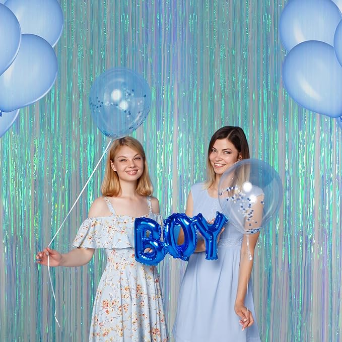 Melsan Foil Backdrops Birthday Decorations - 2 Pack 3.2 x 6.5 ft Tinsel Backdrop Foil Fringe Curtains for Frozen Under The Sea Birthdays Parties - Clear Blue 2 Packs
