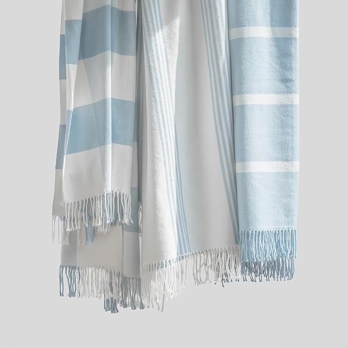 Hofdeco Premium Coastal Decorative Throw Blanket for Patio Couch Sofa, Baby Blue White Pinstripes with Fringe, 52"x71"