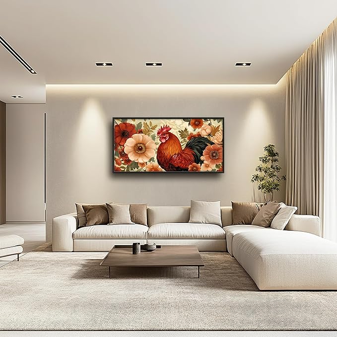 Lovira Farmhouse Rooster Large Wall Art Rustic Country Farm Chicken Floral Canvas Wall Decor Pictures Prints Painting Framed Artwork for Living Room Bedroom Bathroom Kitchen 30"x60"