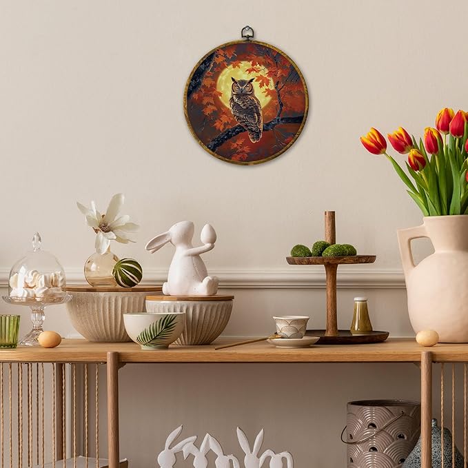 Mcehtle Moody Fall Owl Wall Art Decor, Mystical Owl Moon Autumn Spooky Woodland Scene Framed Canvas Prints 10x10, Rustic Cottagecore Nature Bird Round Wall Hanging Artwork Decorations for Gallery