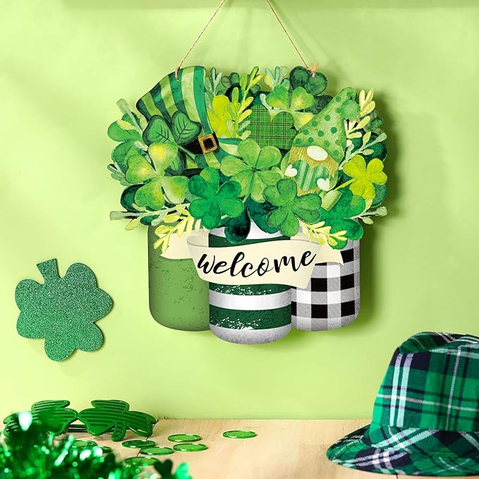 Spiareal Saint Patrick's Day Welcome Door Sign Shamrock Clover Lucky Hanging Decor St. Patrick's Day Wood Wreaths Front Door Decorations for Paddy's Irish Outdoor Farmhouse Porch