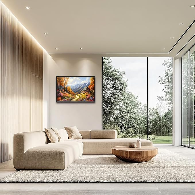 Framed Large Autumn Mountain Wall Art for Living Room, Oversized Wildflower Tree Wall Decor Nature Landscape Canvas Painting Modern Artwork Home Decoration for Living Room Bedroom 36"x24"