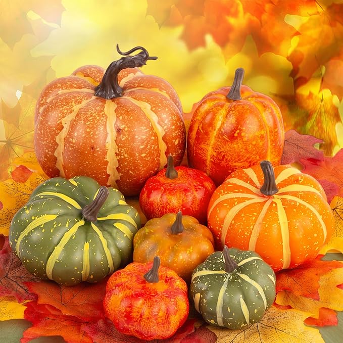DomeStar 38PCS Fake Pumpkin Set, 8PCS Pumpkins for Decorating with 30PCS Maple Leaves Fall Harvest Decorations for Home, Thanksgiving Table Centerpieces and Halloween Decor