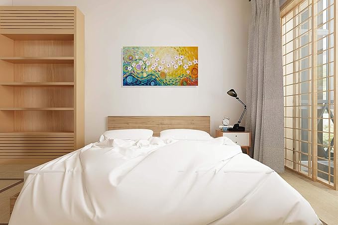 Yihui Arts White Flower Canvas Wall Art Hand Painted 3D Colorful Oil Painting Modern Aestheric Pictures for Living Room Bedroom Dinning Decoration